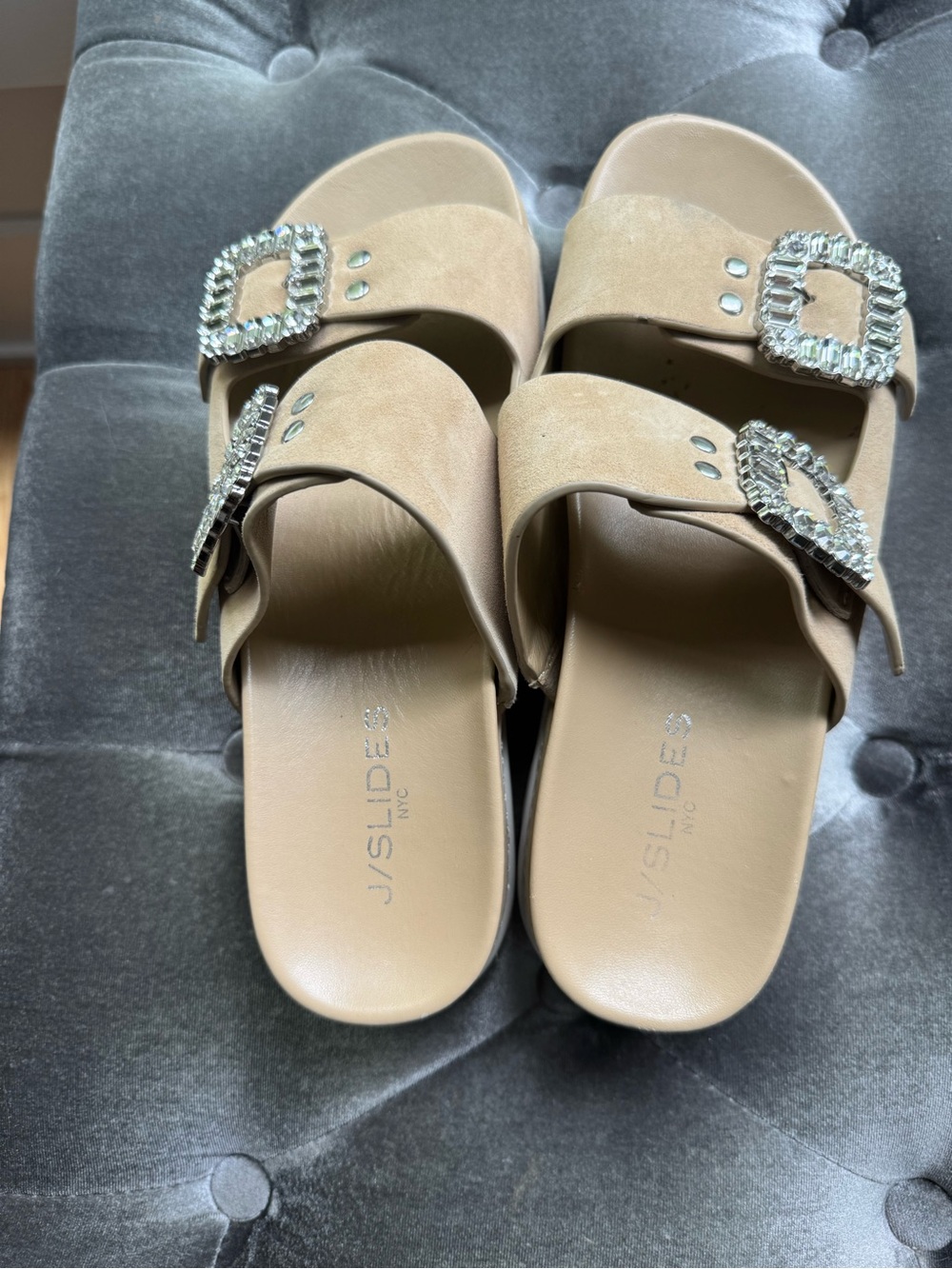 J/SLIDES Beige Crystal Buckle Double Strap Slide Sandals